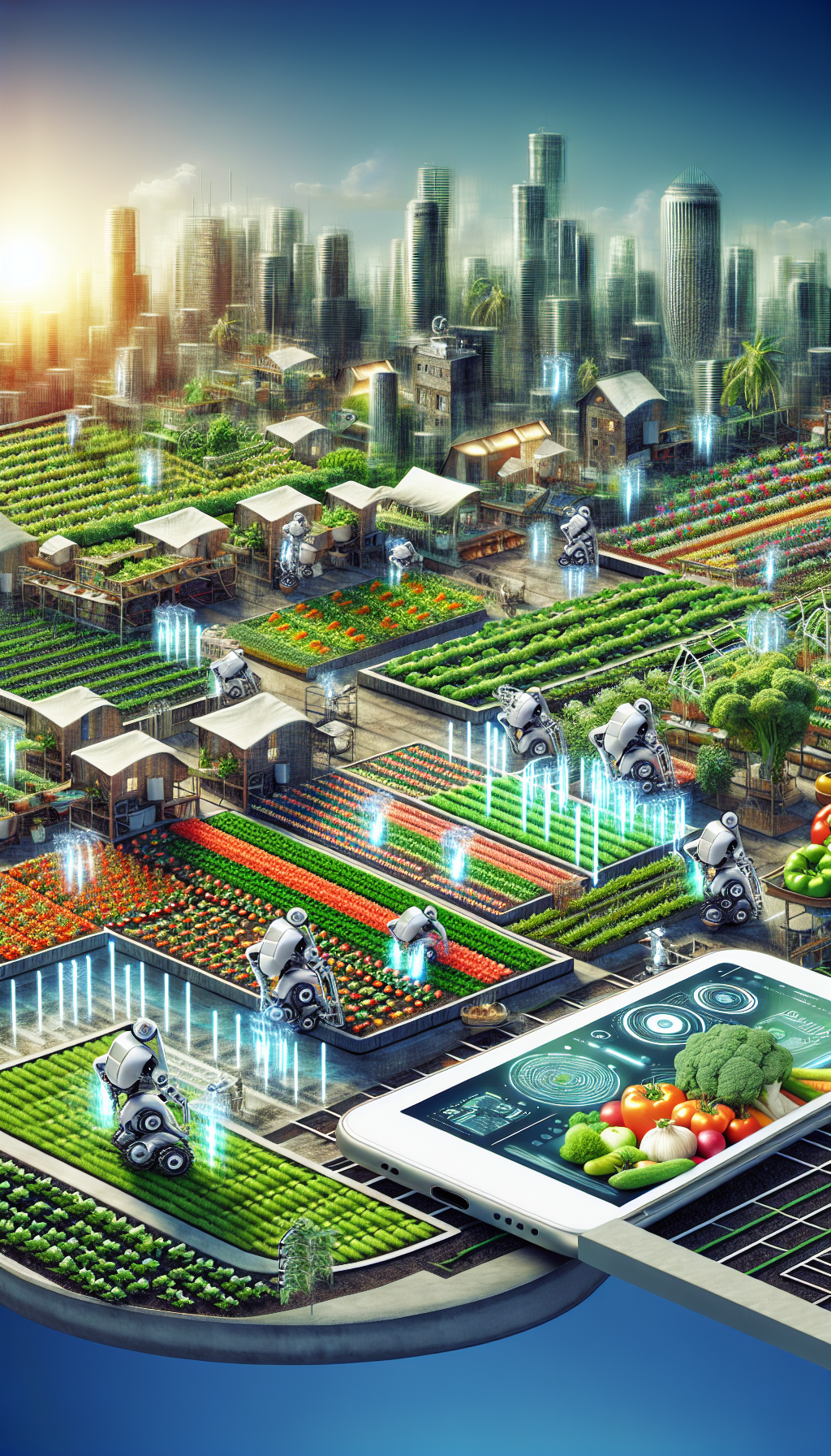 Un potager urbain en terrasse avec des robots cultivateurs et des systèmes d'irrigation automatisés, supervisés par une application mobile.