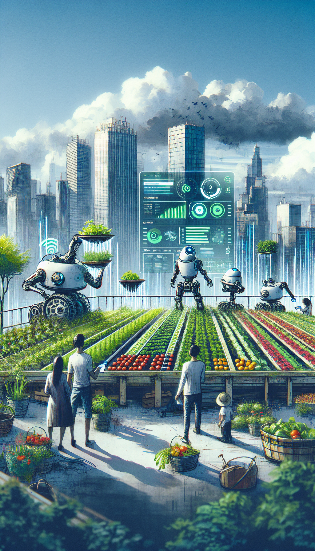 Un potager urbain en terrasse avec des robots cultivateurs et des systèmes d'irrigation automatisés, supervisés par une application mobile.