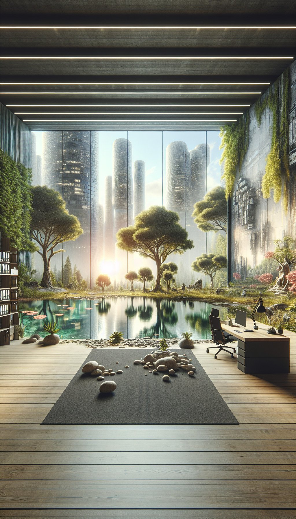 L’Harmonie entre Nature et Technologie : Une Journée dans un Bureau Futuriste – Dystopique