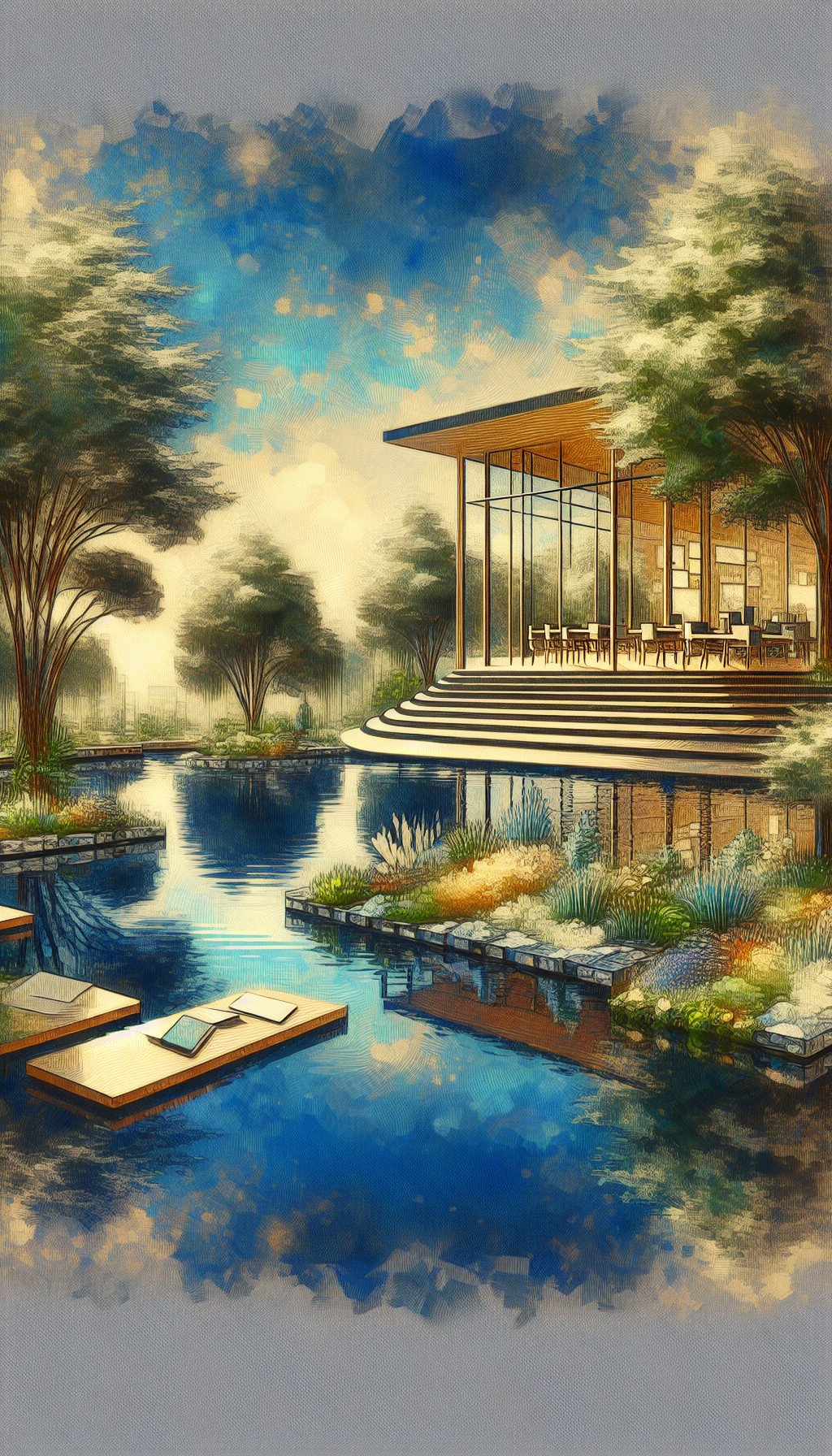 Un bureau en plein air, avec des éléments naturels comme des arbres et de l'eau, combiné à une technologie invisible et intégrée.