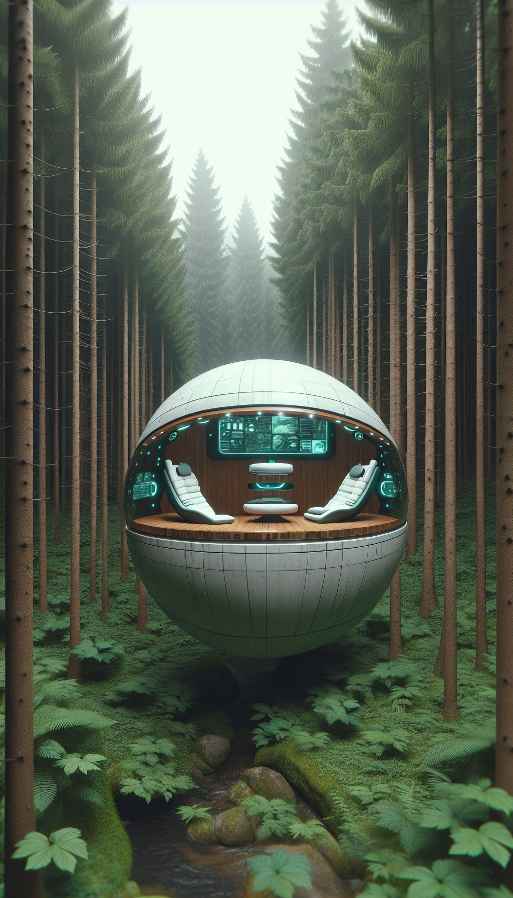 Une capsule de relaxation flottante au milieu d'une forêt, équipée de technologies de réalité virtuelle pour l'évasion mentale.