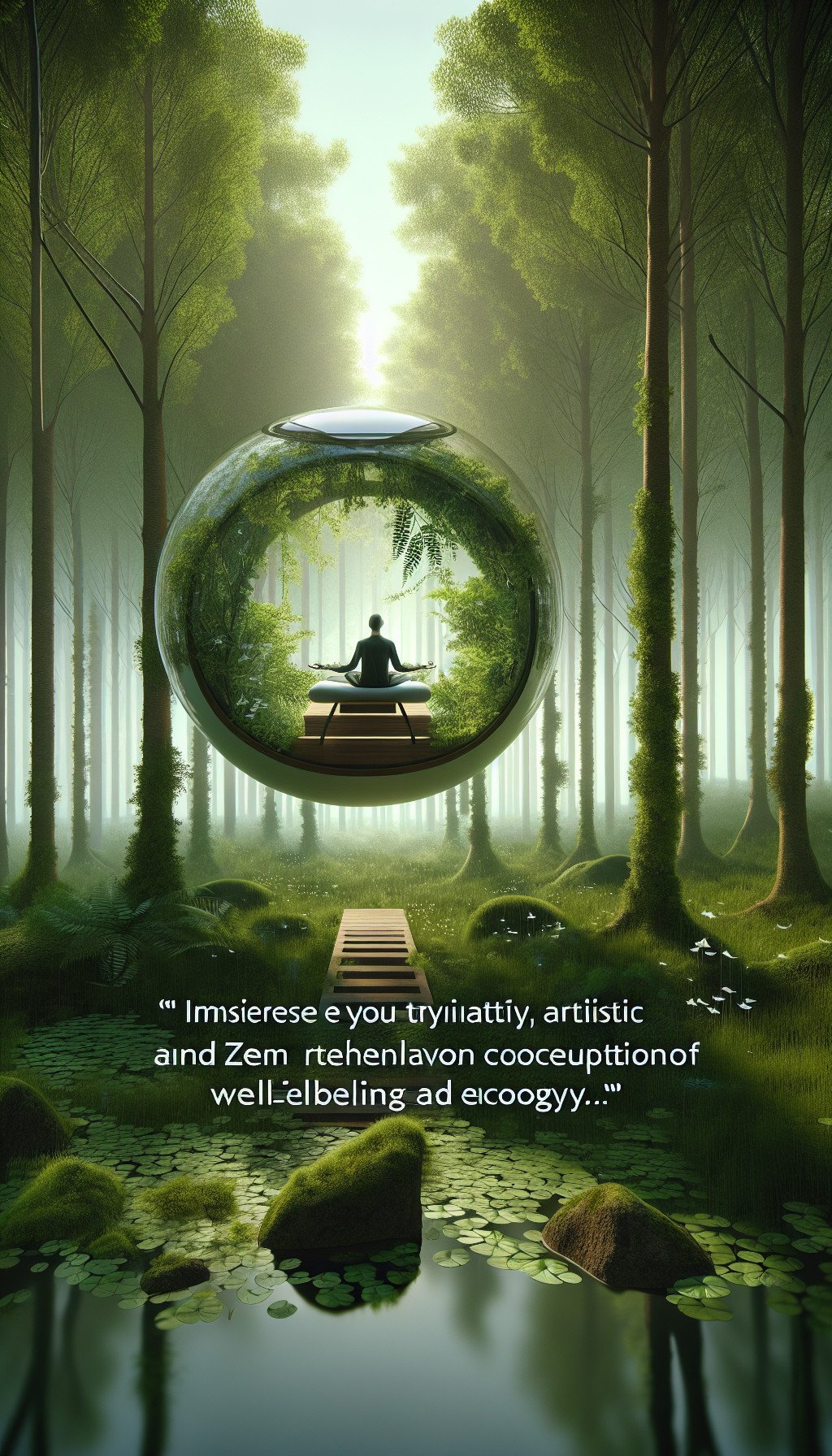 Une capsule de relaxation flottante au milieu d'une forêt, équipée de technologies de réalité virtuelle pour l'évasion mentale.