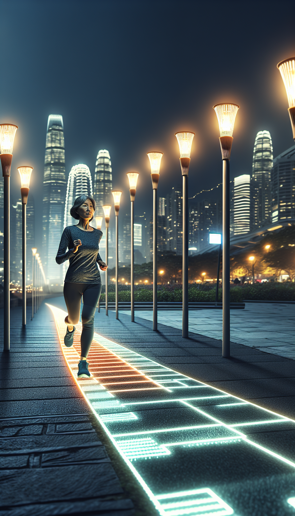 Une piste de jogging lumineuse qui s'illumine sous les pas du coureur, générant de l'énergie pour les lampadaires environnants.
