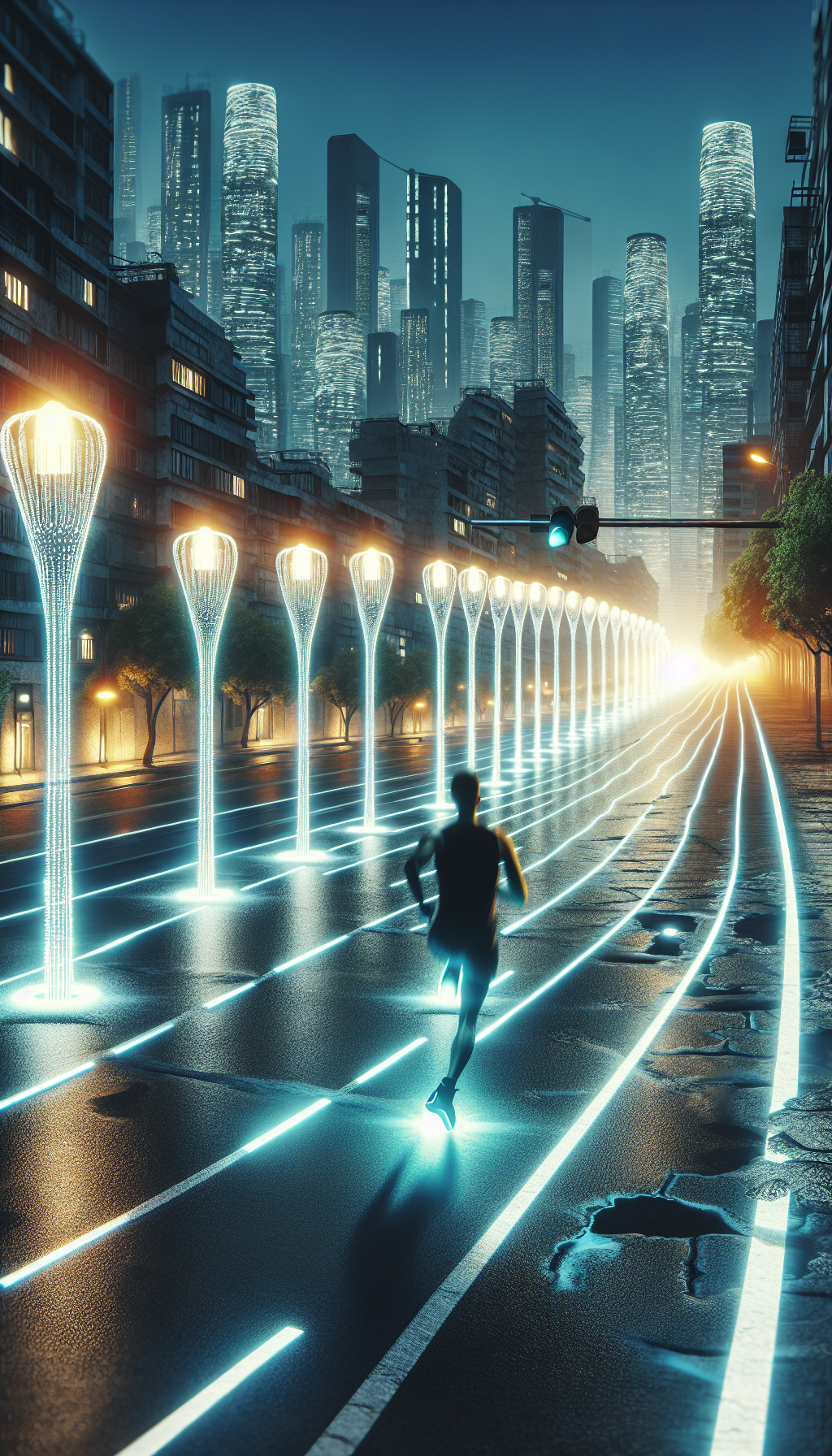 Une piste de jogging lumineuse qui s'illumine sous les pas du coureur, générant de l'énergie pour les lampadaires environnants.