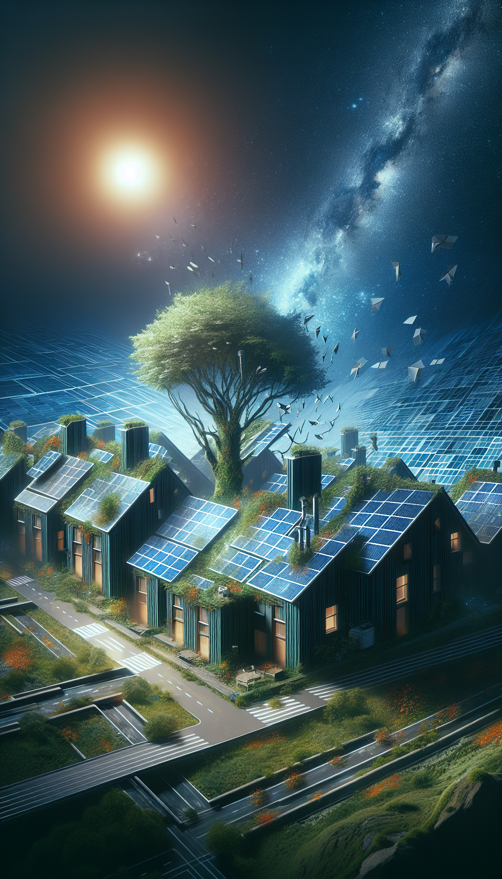 Des panneaux solaires en forme de feuilles d’arbres sur des toits de maisons, représentant l'harmonie entre l'énergie renouvelable et la nature.