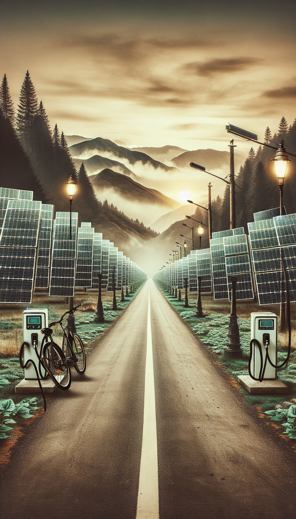 Une route de campagne bordée de panneaux solaires qui alimentent les lampadaires et les bornes de recharge pour vélos et voitures électriques.