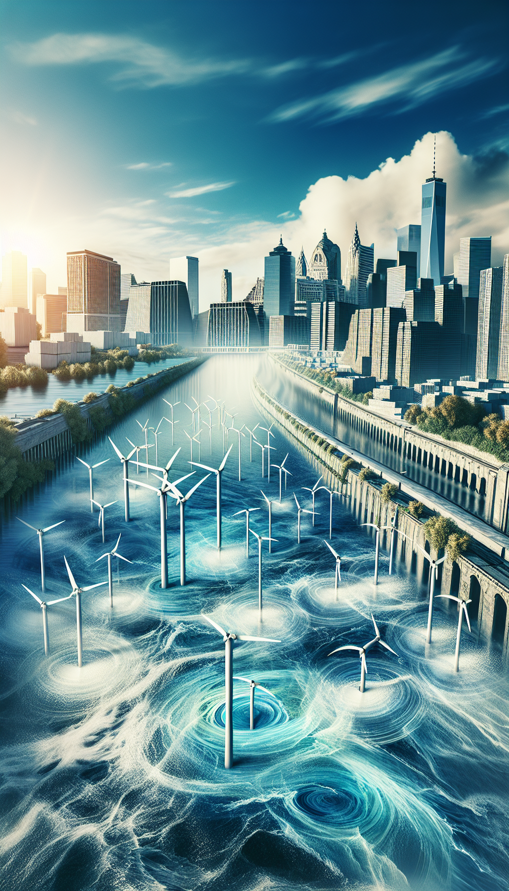 Une rivière urbaine transformée en source d'énergie avec des turbines invisibles sous l'eau, générant de l'électricité propre pour les bâtiments environnants.