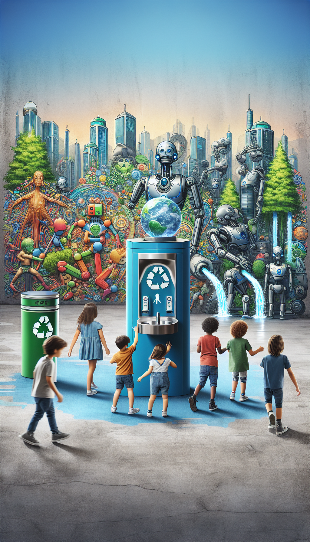Un parc d'attractions éducatif où les enfants interagissent avec des robots de recyclage, des fontaines d'eau potable intelligente, et des jardins verticaux.