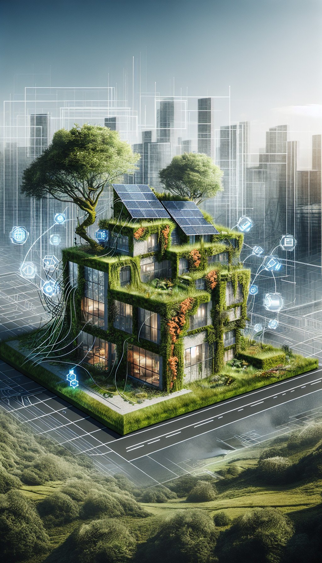 Un bâtiment recouvert de mousse et de plantes grimpantes, avec des panneaux solaires intégrés et des capteurs intelligents pour la gestion énergétique.