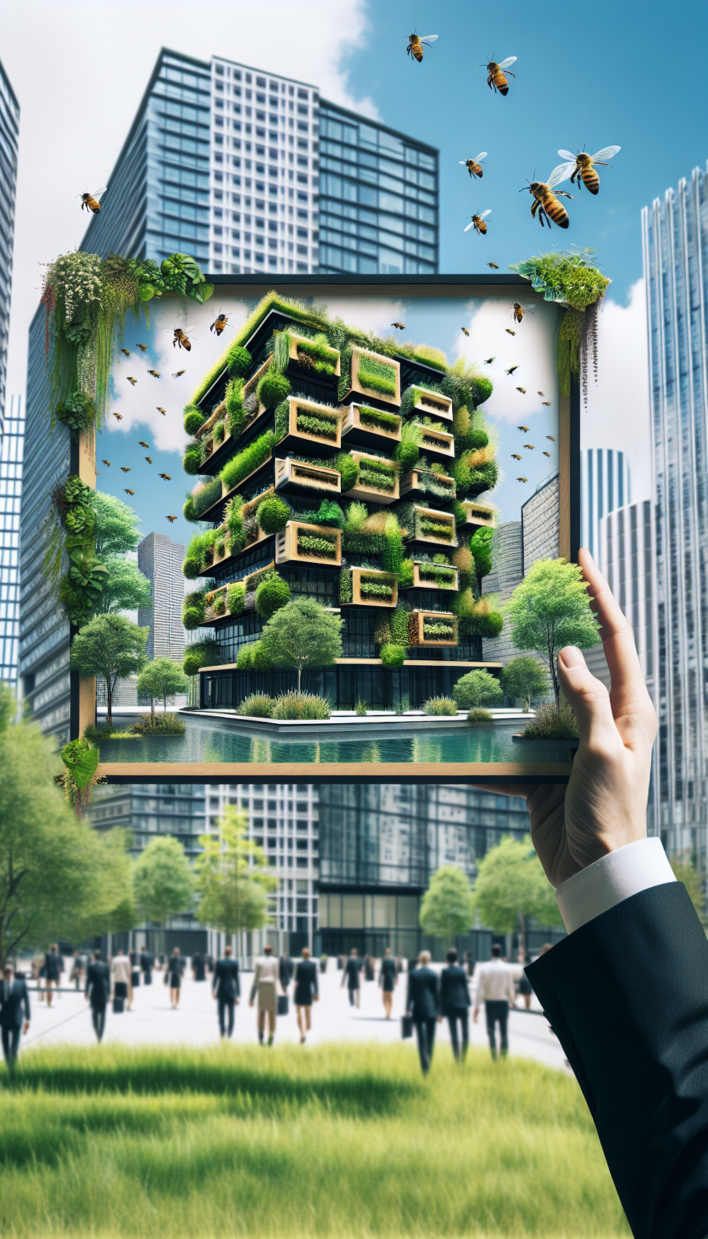 Un bâtiment de bureaux conçu comme un écosystème vertical, avec des espaces de travail ouverts entourés de murs végétalisés, de ruches d'abeilles et de petits étangs.