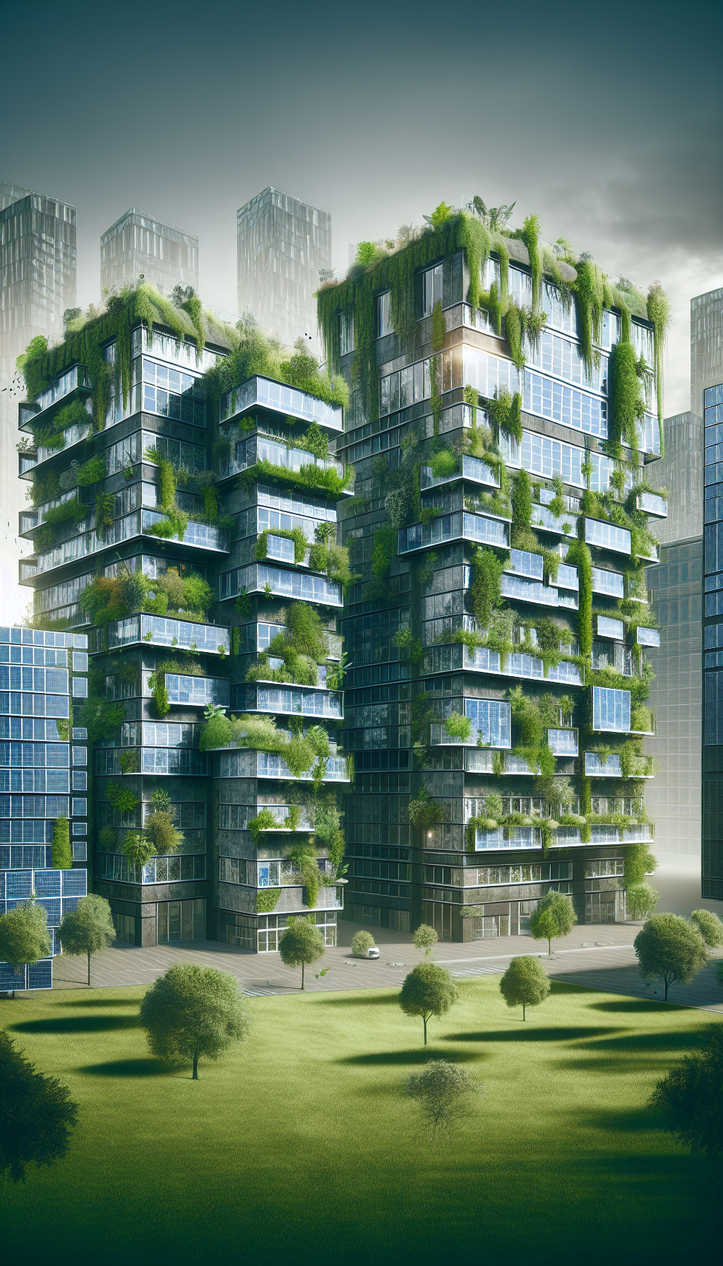 Un immeuble de bureaux avec des murs végétalisés et des panneaux solaires intégrés, reflétant le futur de l'immobilier durable.