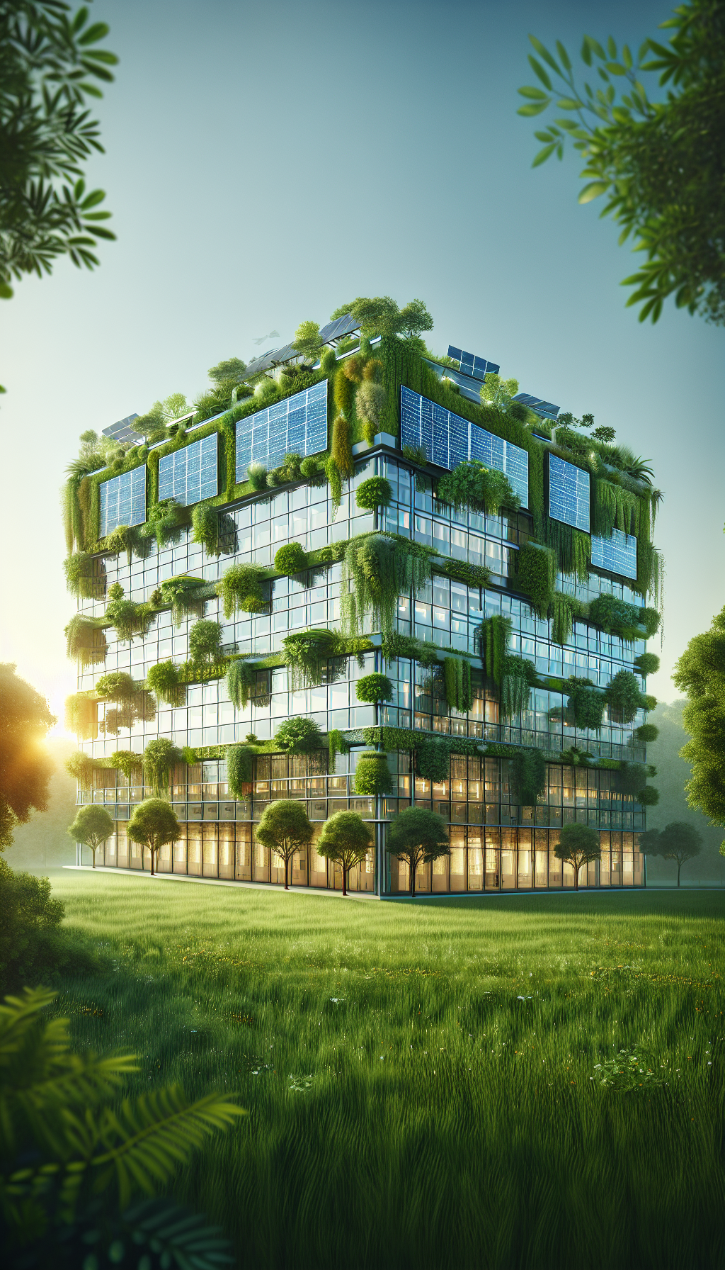 Un immeuble de bureaux avec des murs végétalisés et des panneaux solaires intégrés, reflétant le futur de l'immobilier durable.