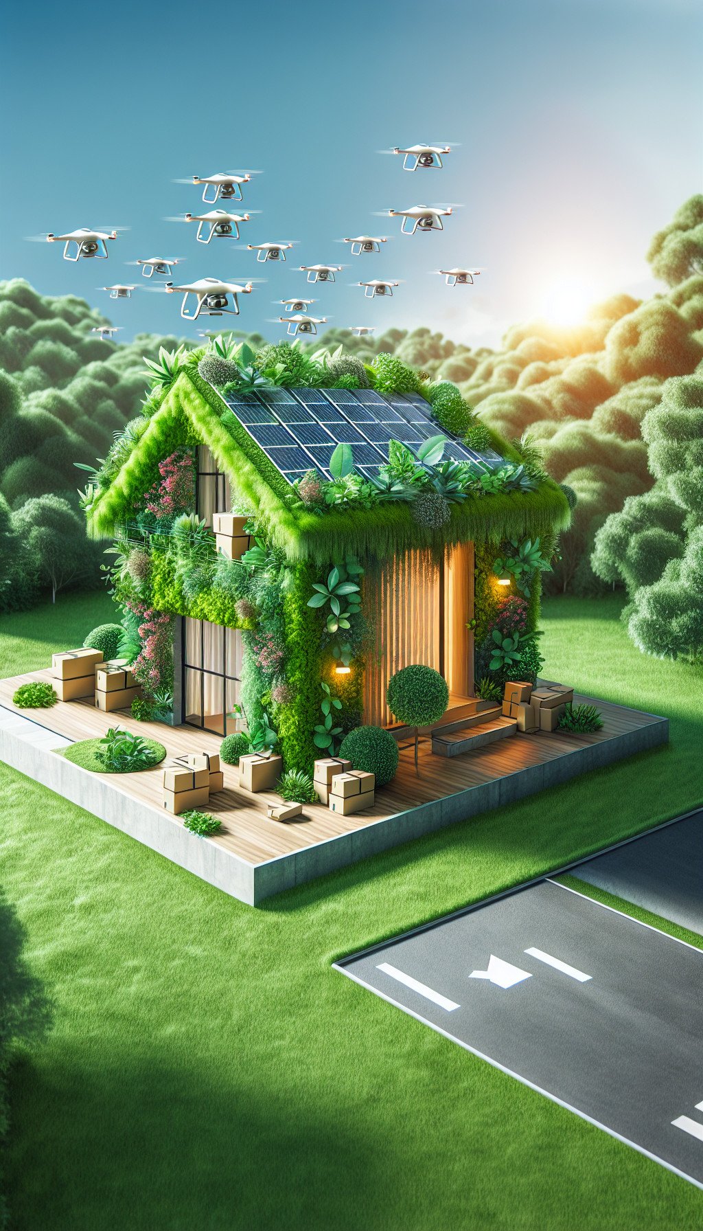 Une maison intelligente recouverte de végétation, avec des panneaux solaires et des drones livrant des colis, illustrant le futur de l'immobilier écologique.