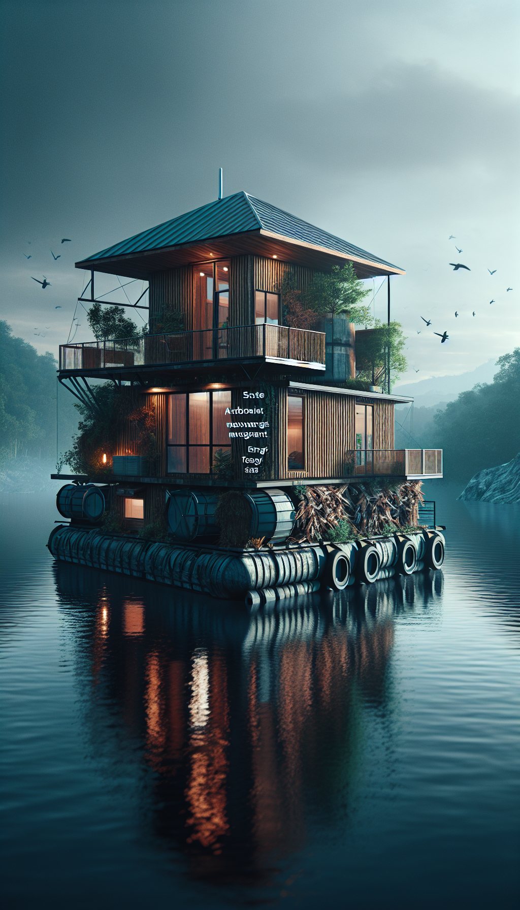 Une maison flottante sur un lac, construite en matériaux recyclés, avec un système autonome de gestion des déchets et de l'énergie.