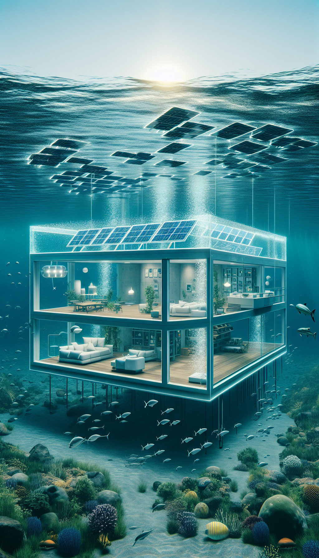 Une maison sous-marine entièrement transparente, équipée de panneaux solaires flottants et d'une gestion de l'eau automatisée.