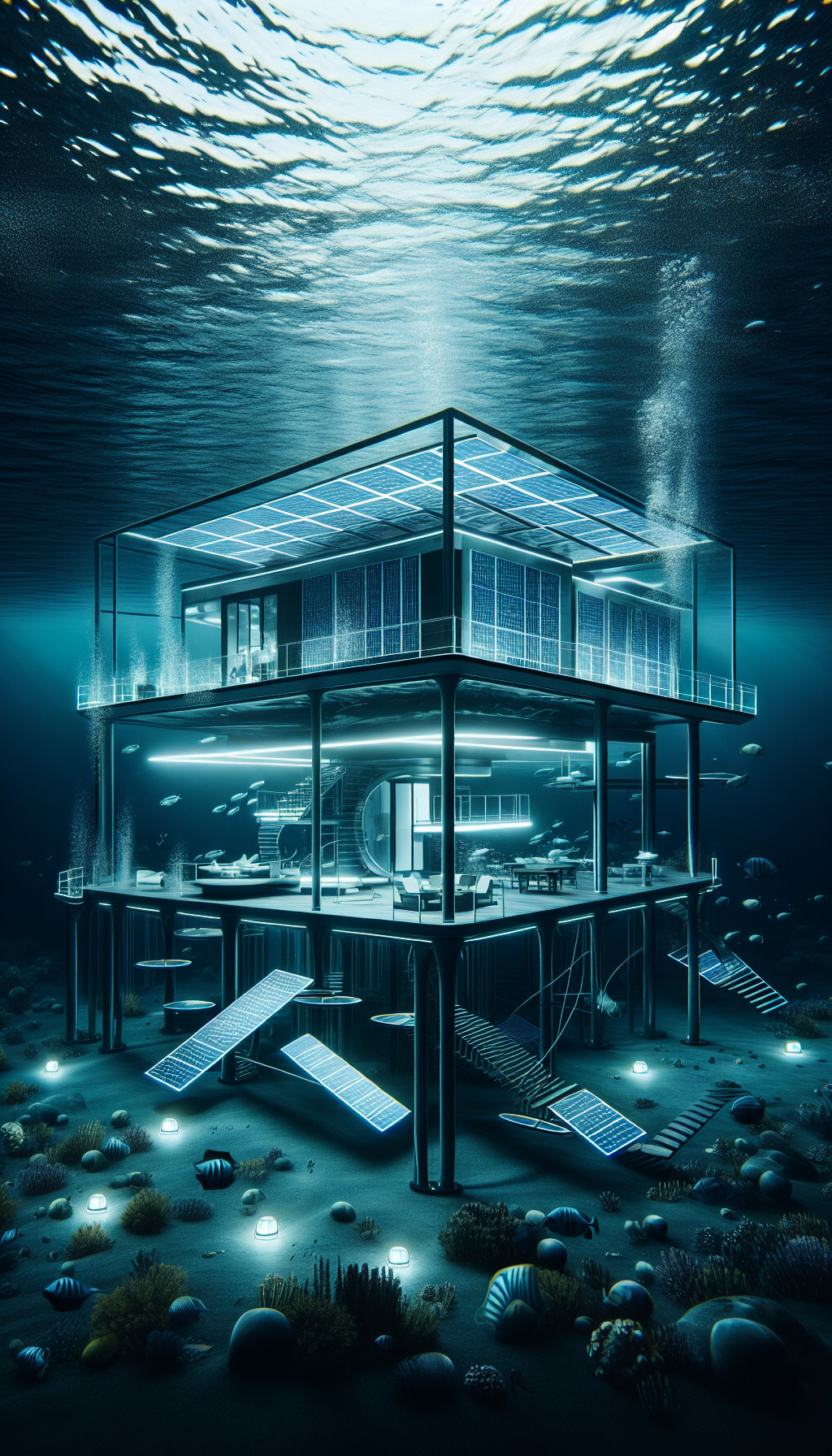 Une maison sous-marine entièrement transparente, équipée de panneaux solaires flottants et d'une gestion de l'eau automatisée.