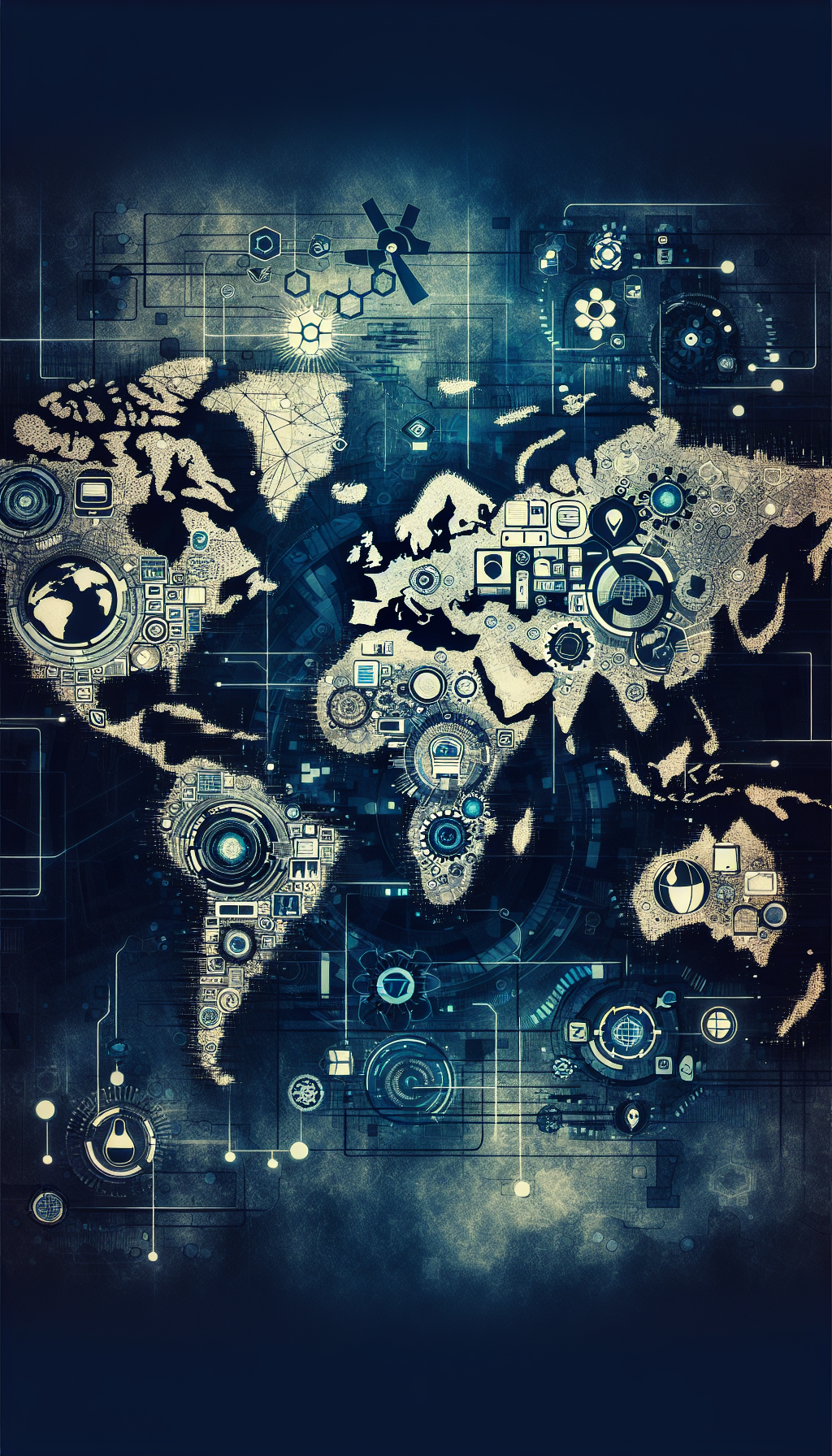 Une carte du monde où chaque pays est représenté par des icônes symbolisant ses innovations technologiques et écologiques uniques.