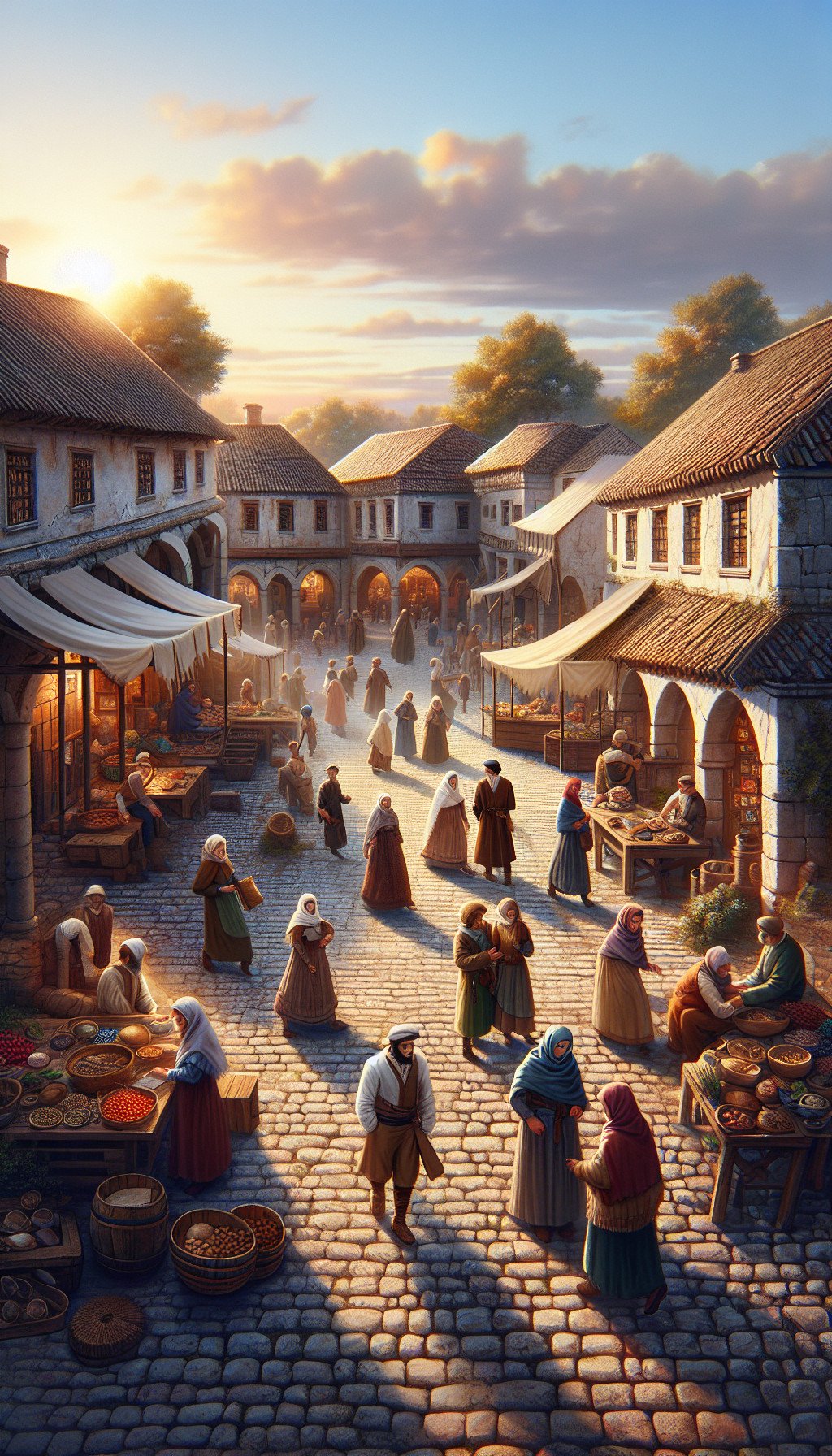 Marché Médiéval au Lever du Jour – Histoire fictive