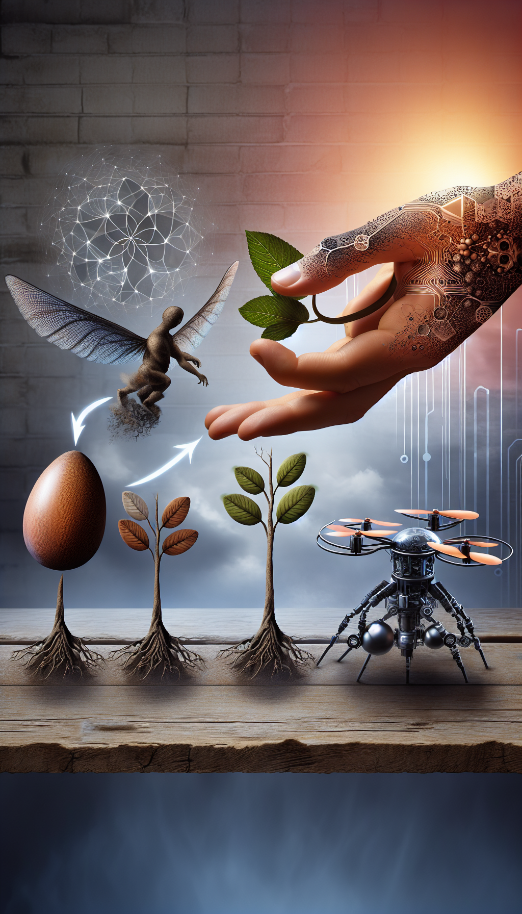 Une main tendant une graine d'arbre qui se transforme progressivement en un petit drone écologique, illustrant la fusion de la nature et de la technologie.