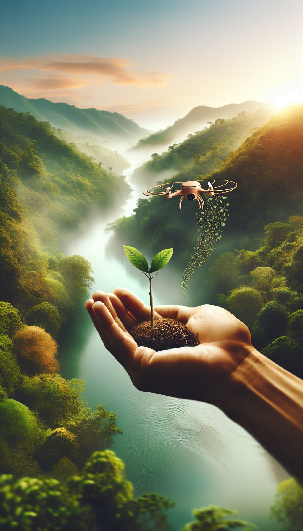 Une main tendant une graine d'arbre qui se transforme progressivement en un petit drone écologique, illustrant la fusion de la nature et de la technologie.