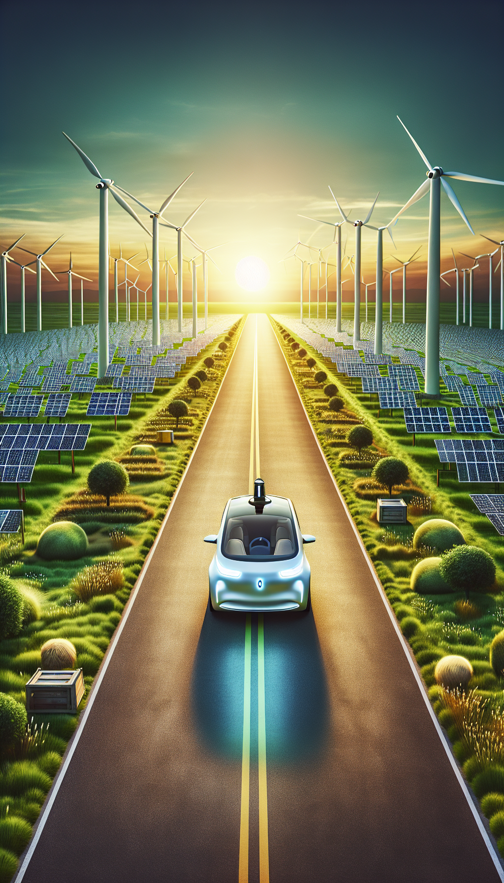 Une voiture autonome parcourant une route entourée d'éoliennes et de champs solaires, montrant un futur de transport durable.