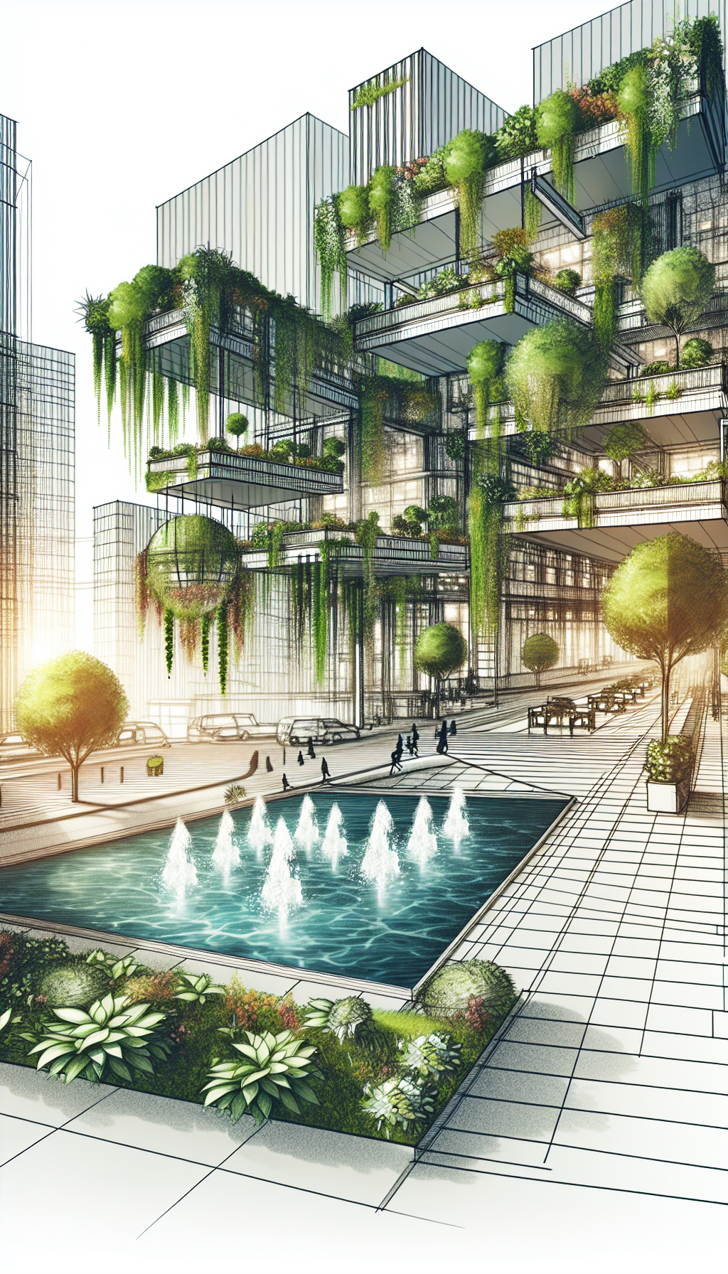 Une rue urbaine transformée en oasis verte, avec des jardins suspendus et des fontaines alimentées par des technologies propres.