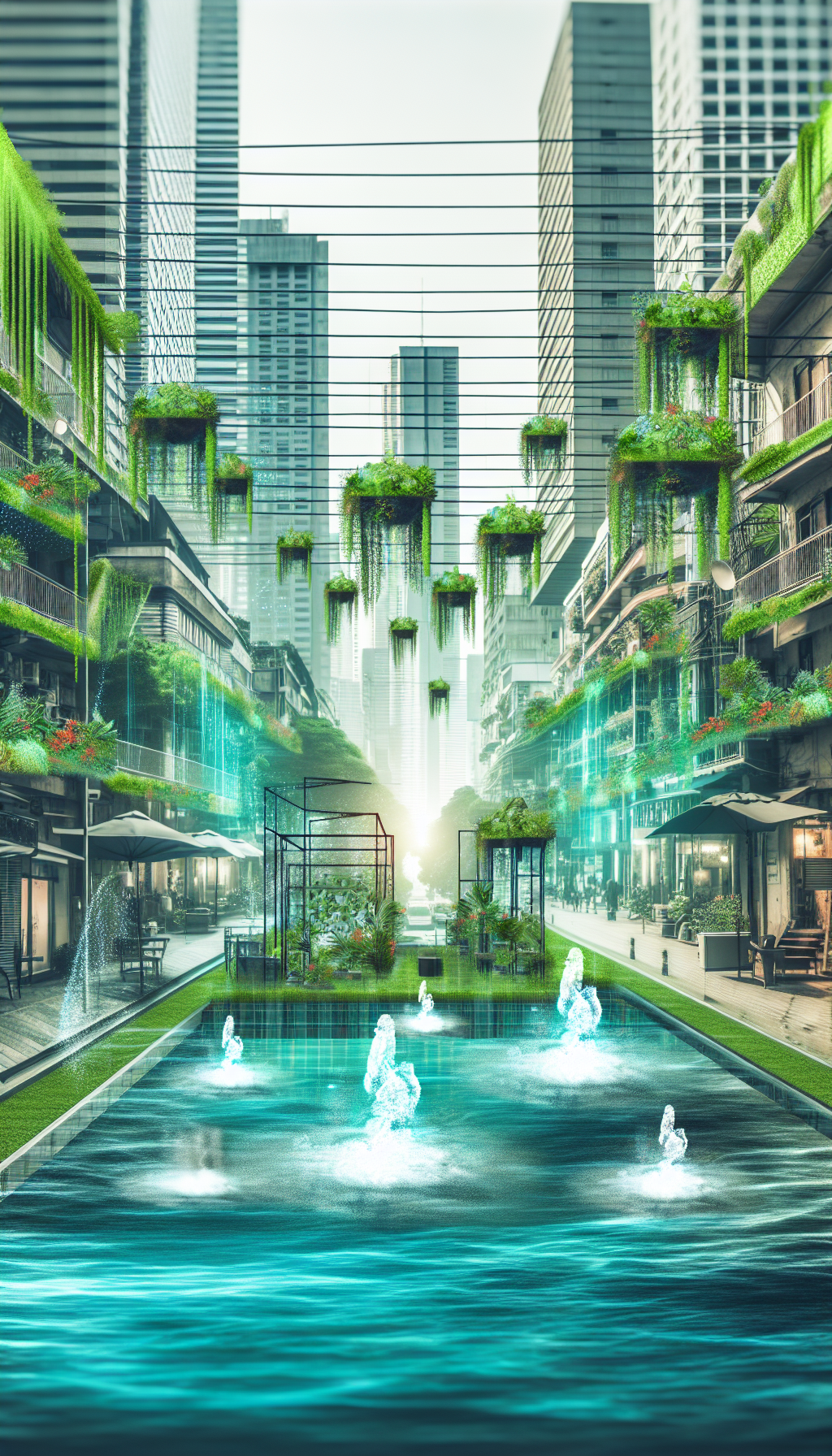 Une rue urbaine transformée en oasis verte, avec des jardins suspendus et des fontaines alimentées par des technologies propres.