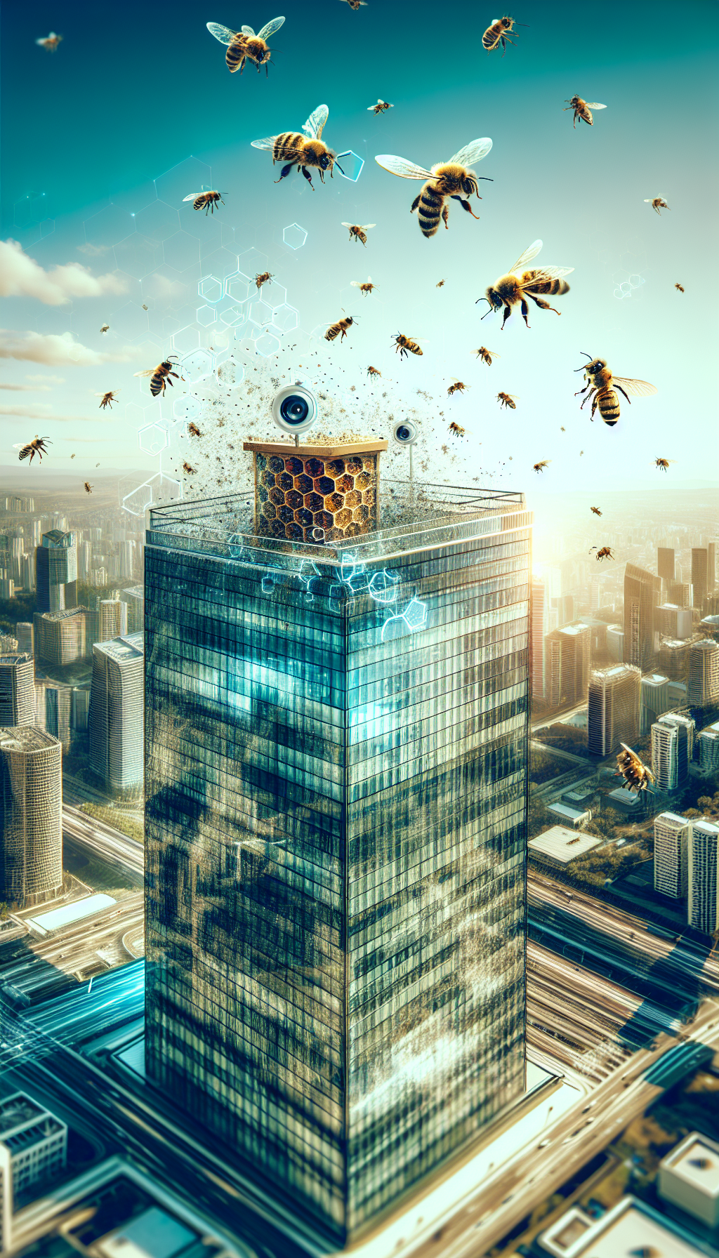 Une ruche de toit en verre sur un immeuble de bureaux, surveillée par des caméras intelligentes pour étudier le comportement des abeilles.