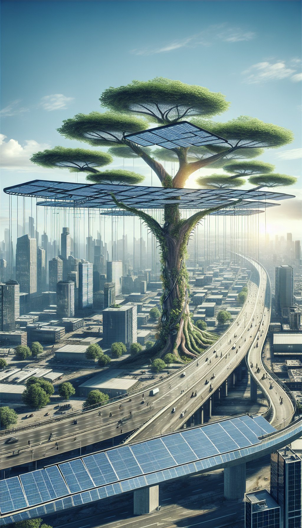 Un arbre géant dans une ville, dont les branches sont des passerelles piétonnes et les feuilles, des cellules photovoltaïques.