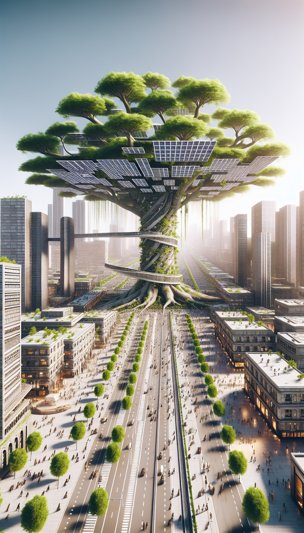 Un arbre géant dans une ville, dont les branches sont des passerelles piétonnes et les feuilles, des cellules photovoltaïques.