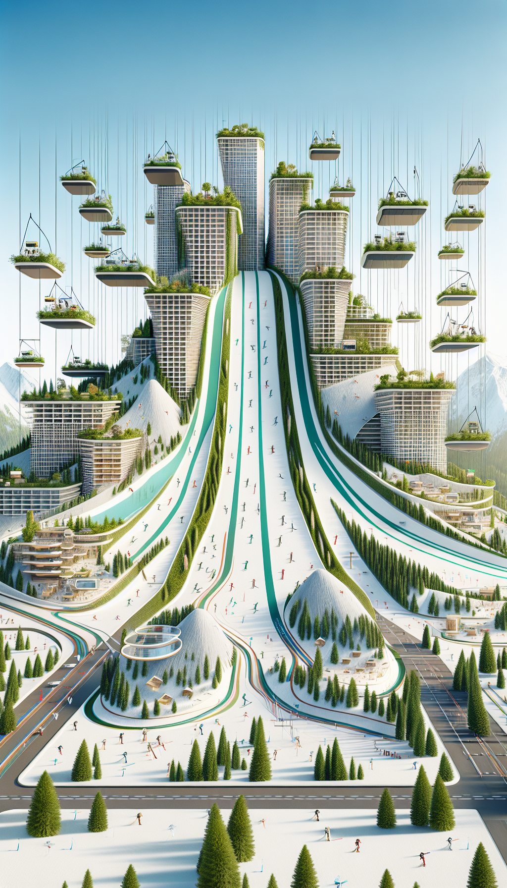 Une montagne urbaine artificielle avec des pistes de ski, des jardins suspendus, et des espaces de coworking intégrés à l'intérieur.