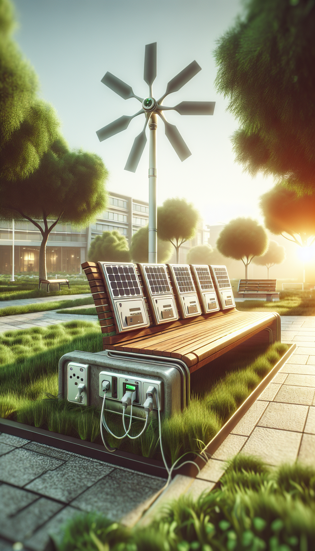 Un banc public avec des ports de recharge pour appareils électroniques alimentés par l'énergie solaire et éolienne.