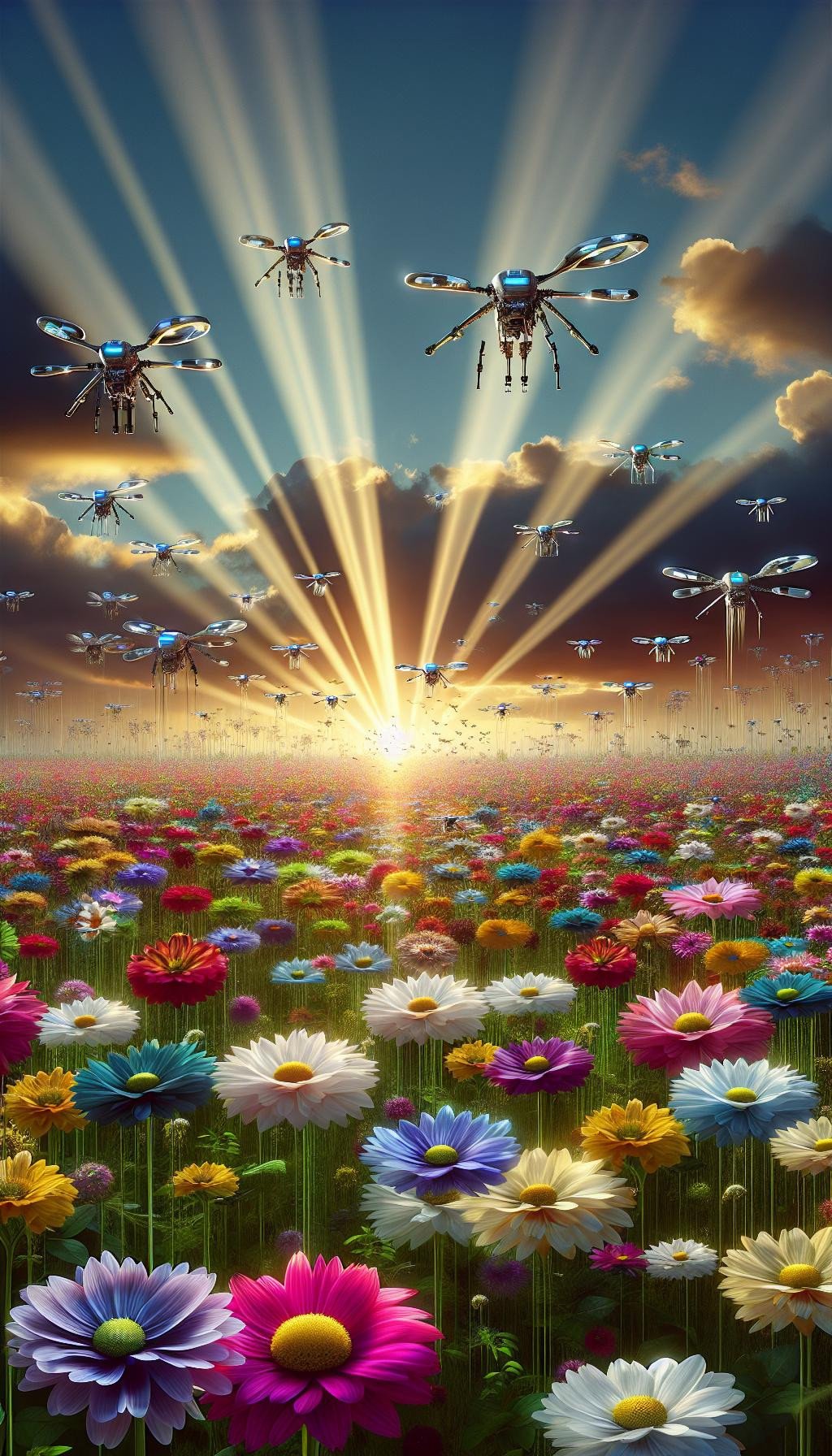Un champ de fleurs avec des drones pollinisateurs, illustrant une solution technologique pour la préservation de la biodiversité.