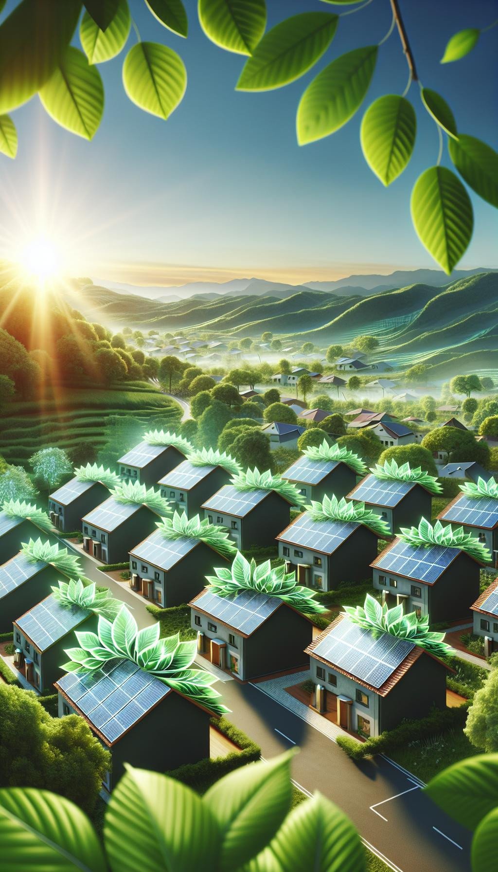 Des panneaux solaires en forme de feuilles d’arbres sur des toits de maisons, représentant l'harmonie entre l'énergie renouvelable et la nature.