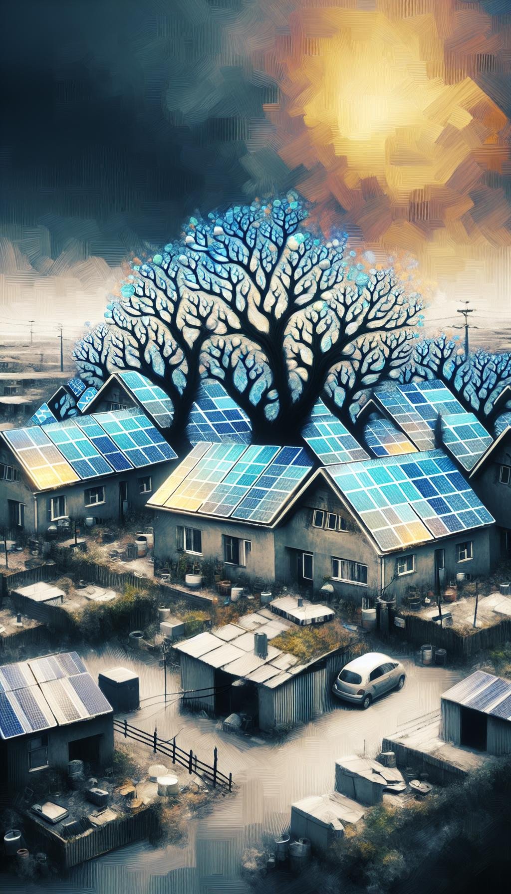 Des panneaux solaires en forme de feuilles d’arbres sur des toits de maisons, représentant l'harmonie entre l'énergie renouvelable et la nature.