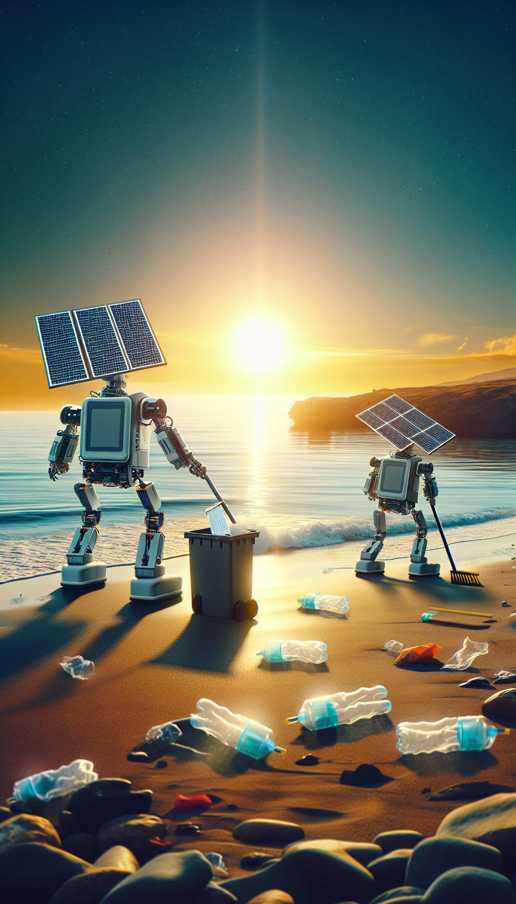 Une plage avec des robots nettoyeurs solaires qui ramassent les déchets plastiques tout en rechargeant leurs batteries sous le soleil.