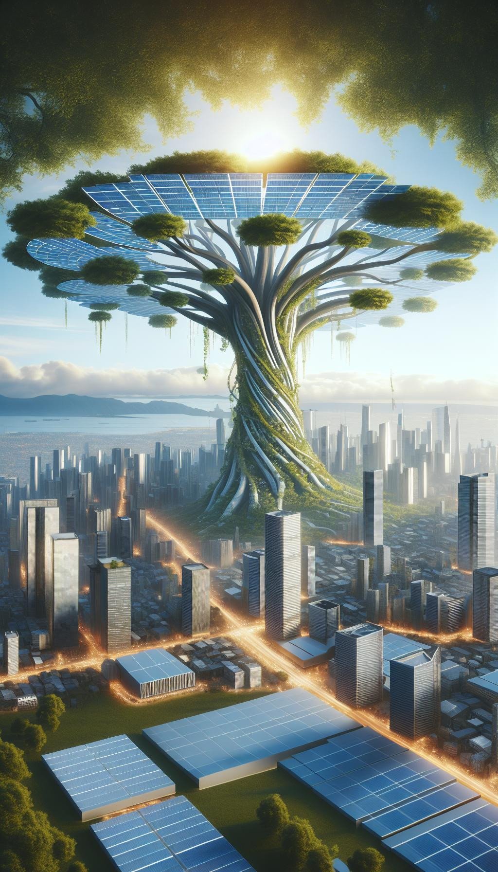 Un arbre géant dans une ville, dont les branches sont des passerelles piétonnes et les feuilles, des cellules photovoltaïques.