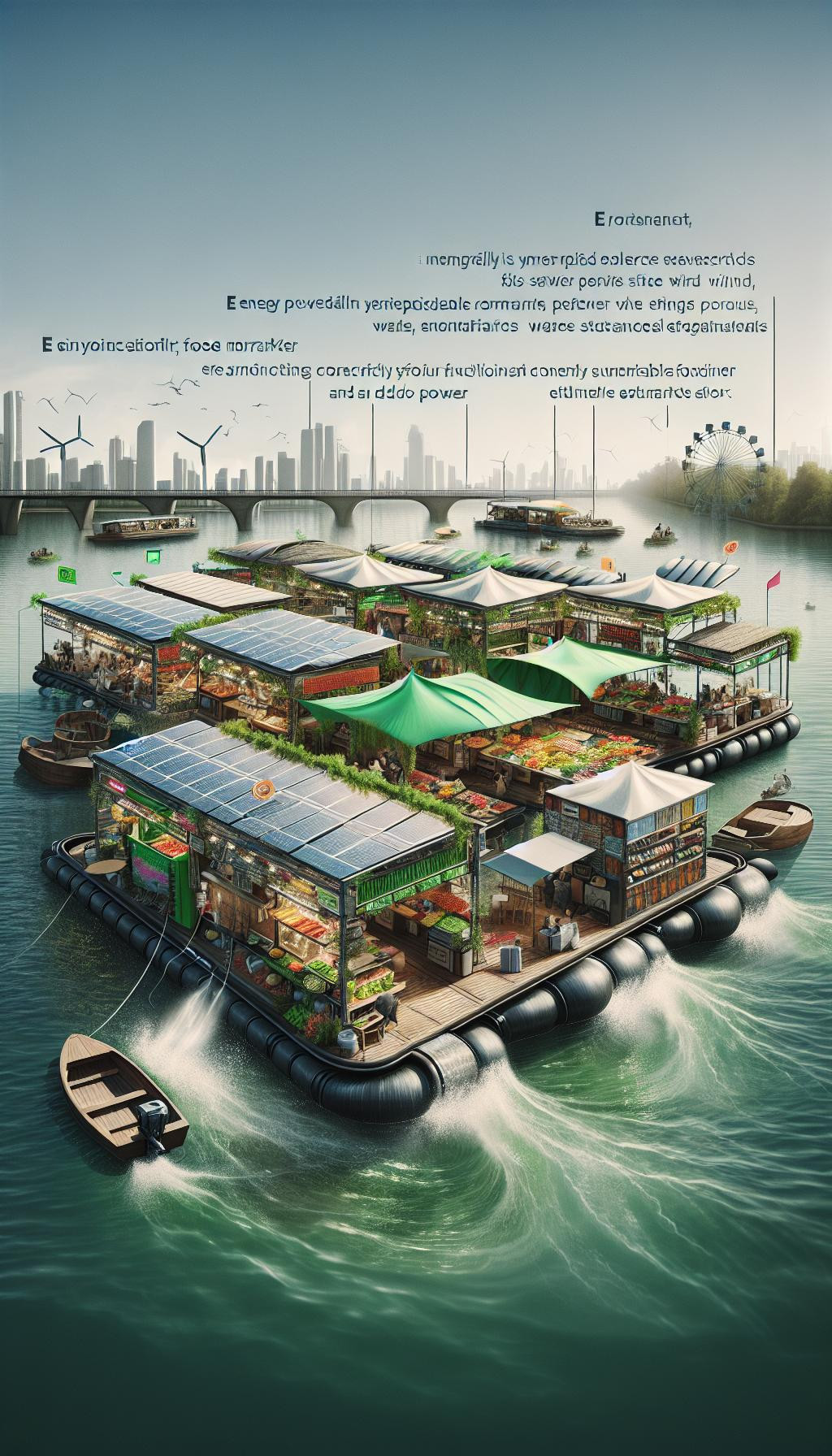 Un marché alimentaire flottant sur une rivière, où les stands de nourriture utilisent uniquement des énergies renouvelables et des matériaux biodégradables.