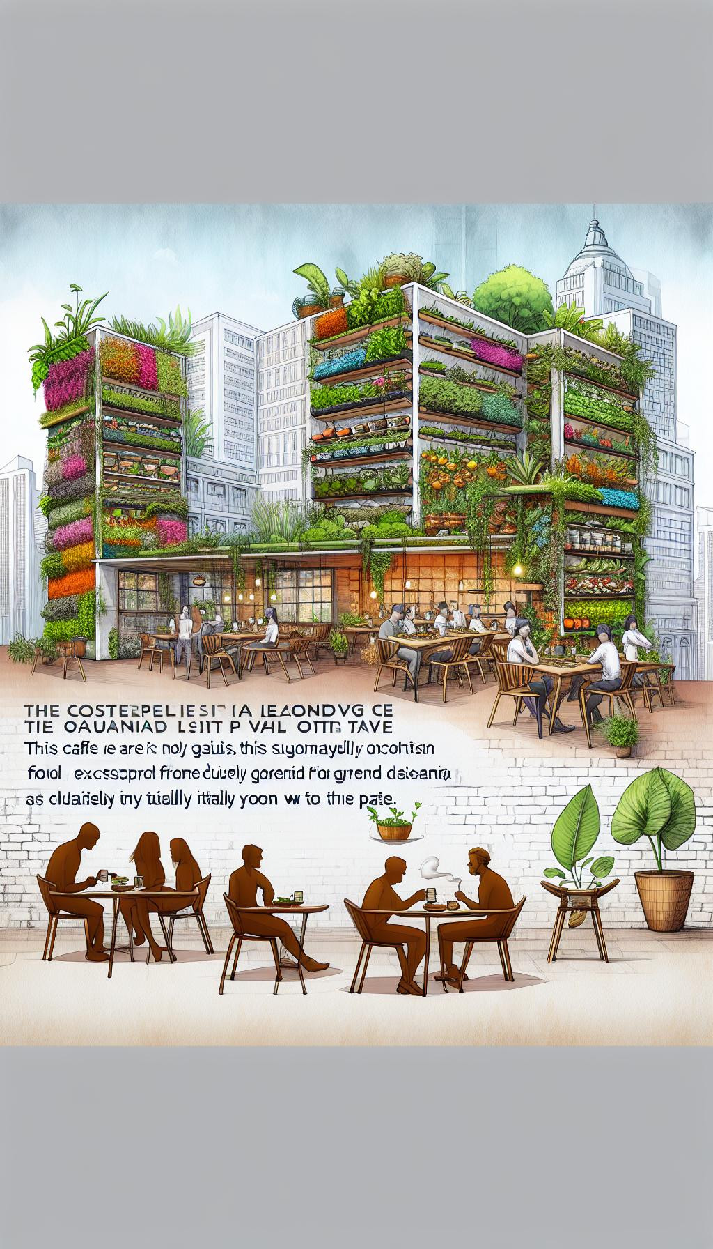 Un café urbain avec des murs vivants remplis de plantes comestibles, offrant aux clients des plats préparés à partir d'ingrédients locaux cultivés sur place.