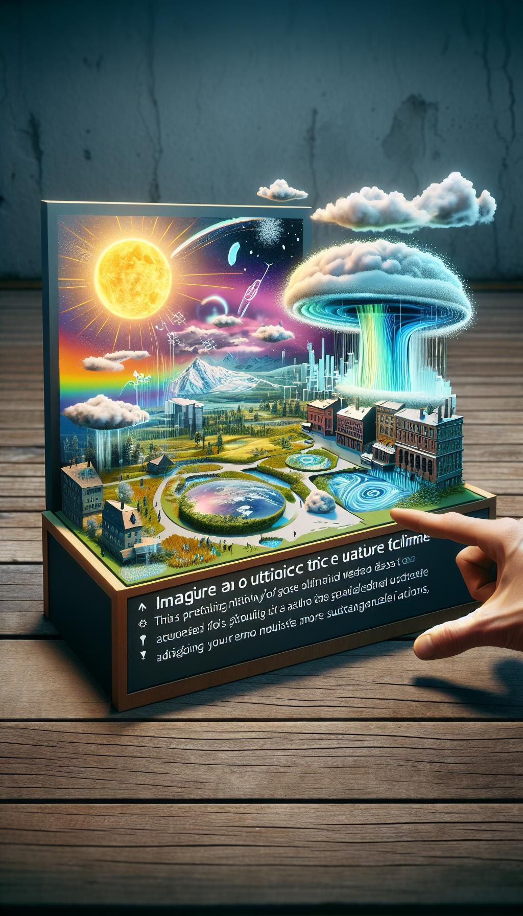 Une station météo interactive en plein air qui projette des hologrammes du climat futur basé sur les tendances actuelles, avec des conseils d'actions écologiques.