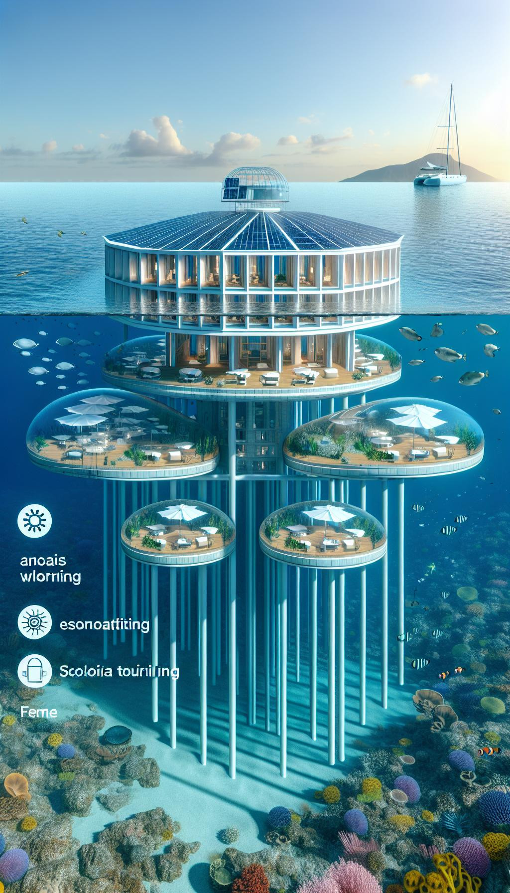 Un hôtel flottant autonome alimenté par l'énergie solaire et éolienne, avec des chambres sous-marines offrant des vues panoramiques sur les fonds marins.