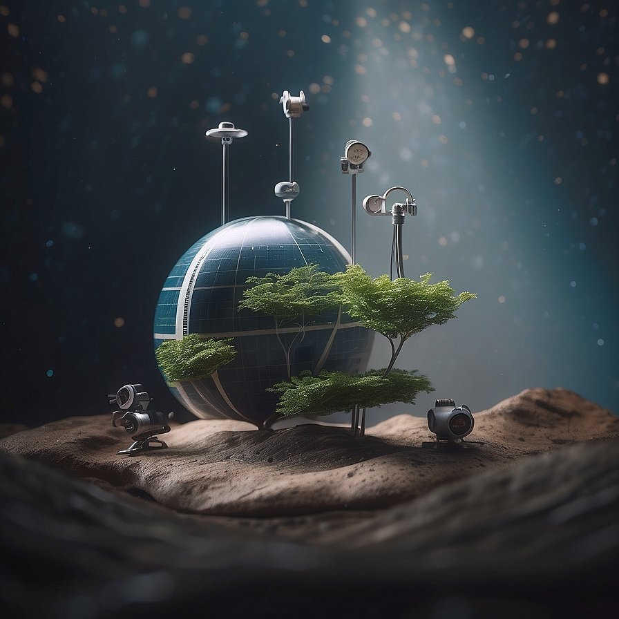 A futuristic representation of artificial intelligence, showcasing robots, data streams, and a globe symbolizing sustainability, set against a digital backdrop.