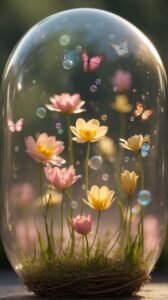 A glass dome encloses colorful flowers and butterflies, with bubbles floating around, creating a whimsical, serene atmosphere.