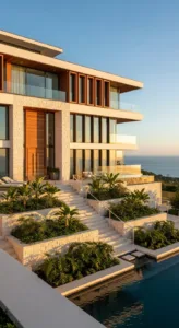 A modern villa with stone and wood features, large glass windows, and tiered gardens leading to a pool, overlooking the ocean.