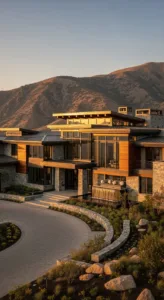 A modern, multi-story house features a blend of stone and wood elements, surrounded by landscaped gardens and mountains in the background.