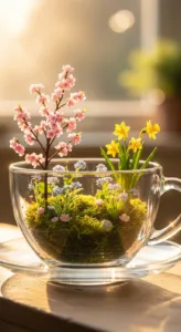 A glass cup contains a miniature garden with pink blossoms, yellow flowers, and green moss, illuminated by soft sunlight.
