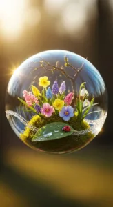 A crystal bubble contains vibrant flowers, green moss, and a leaf with droplets, all illuminated by warm sunlight.
