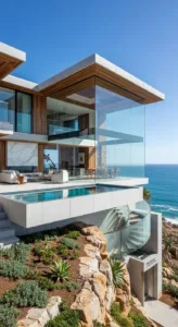 A modern beachside villa featuring floor-to-ceiling glass walls, a sleek design, and landscaped gardens overlooking the ocean.
