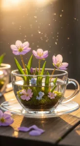 A glass teacup holds vibrant flowers and moss, illuminated by soft sunlight, creating a serene and picturesque scene.