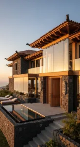 A modern villa features stone and wooden accents, large glass windows, and a sleek pool, set against a scenic sunset backdrop.